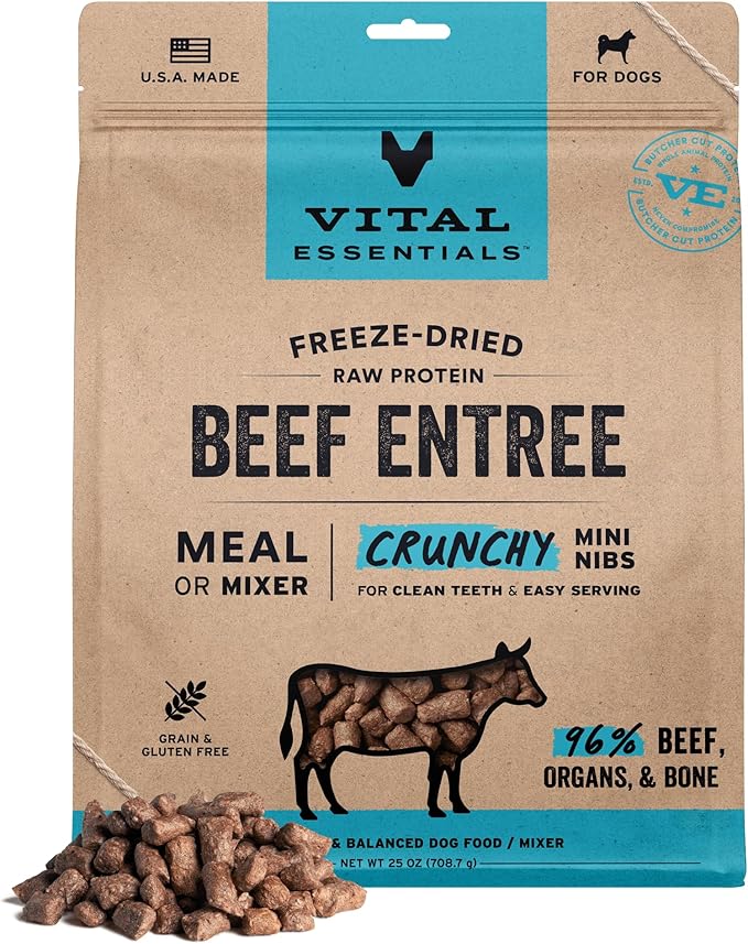 Vital Essentials Freeze-Dried Raw Dog Food, Beef Crunchy Mini Nibs | Complete Meal or Mixer | High Protein Dog Food | 25 oz