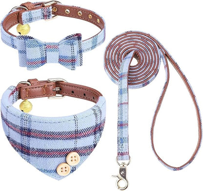 KOOLTAIL Small Dog Collar and Leash Set with Bowtie and Bells - Cute Puppy Bandana Collar and Leash for Male with Classic Plaid Pattern, Soft Leather Tangle Free Leashes for Small Dogs Boys Girls,Blue