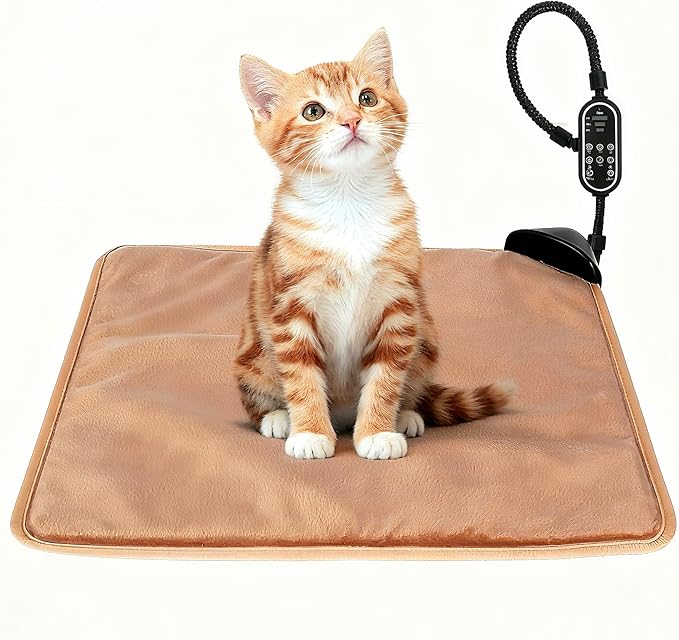 Orznez Pet Heating Pad for Cats & Dogs,Safe Electric Cat Warming Pad with Chew Resistant Cord,Automatic Induction Heated Cat Bed,Adjustable Temperature & Time (Camel, 17.7" x 17.7")