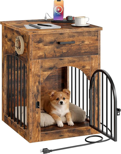 CHOEZON Dog Crate Furniture, Wooden Dog House with Charging Station and Storage Drawer, Indoor Pet Crate End Table for Small Breeds, for Living Room, Bedroom, Rustic Brown MGW01UFG