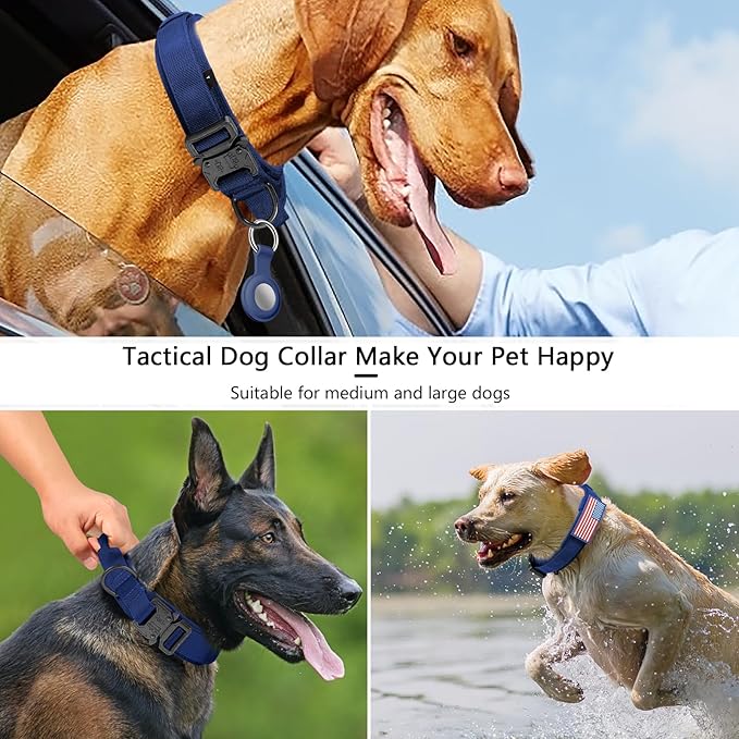 DAGANXI Tactical Dog Collar, Adjustable Military Training Nylon Dog Collar with Control Handle and Heavy Metal Buckle for Medium and Large Dogs, with Patches and Airtags Case (Midnight Blue, XL)