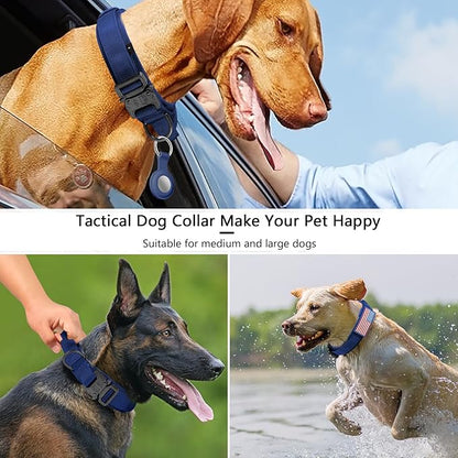 DAGANXI Tactical Dog Collar, Adjustable Military Training Nylon Dog Collar with Control Handle and Heavy Metal Buckle for Medium and Large Dogs, with Patches and Airtags Case (Midnight Blue, XL)