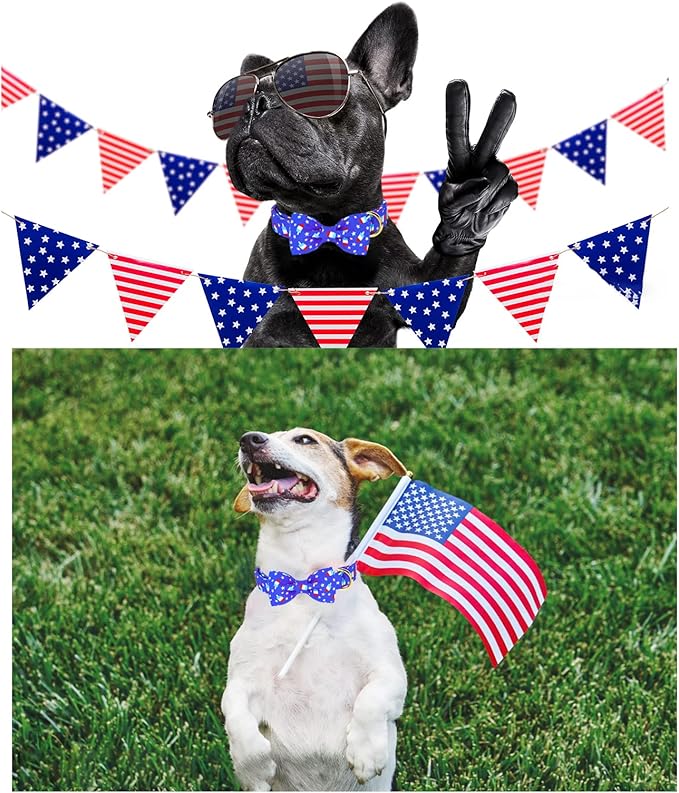 4th of July Dog Collar with Bow Tie, Summer Popsicle Flag Day Dog Bowtie Collars, Blue Adjustable Patriotic Pet Collar for Small Medium Large Dogs XL