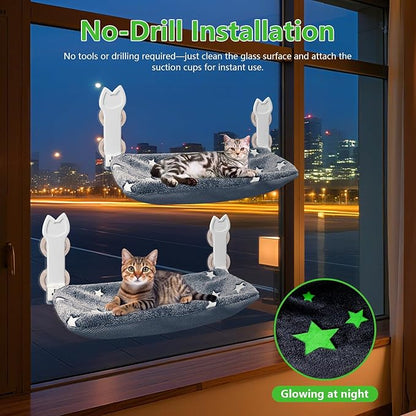 2 Pack Cat Window Perch, Glow in The Dark Foldable Cat Window Hammock with Sunken Design, Removable Soft Cover, Breathable Cordless Window Bed for Cats Inside Holds up to 40lbs (Star Grey, M)