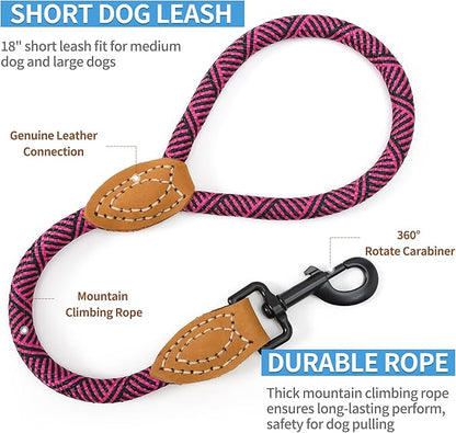 Mile High Life Short Leash for Large Dogs, Short Dog Rope Leash with Heavy Duty Metal Sturdy Clasp, Genuine Leather Tailored Connection(Hot Pink, 18 Inch)
