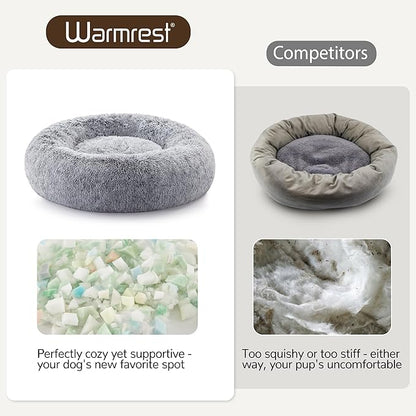Warmrest Donut Dog Bed Medium Size Dog 36 Inch, Round Cat Beds for Small Medium Dogs and Cats with Washable Fluffy Faux Fur, Cute Comfort Pet Bed with Anti-Slip Bottom, Grey