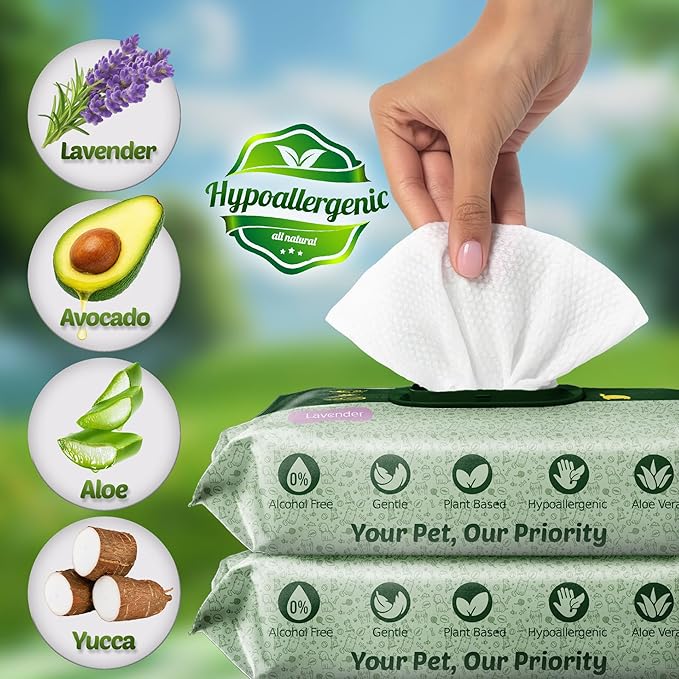 Petazy 400 Dog Wipes for Paws and Butt Ears Eyes | XL 8X8 Organic Pet Wipes for Dogs | Lavender Scent Dog Wipes Cleaning Deodorizing | Extra Thick Paw Wipes for Dogs Cats Pets | +4 Bonus Glove Wipes
