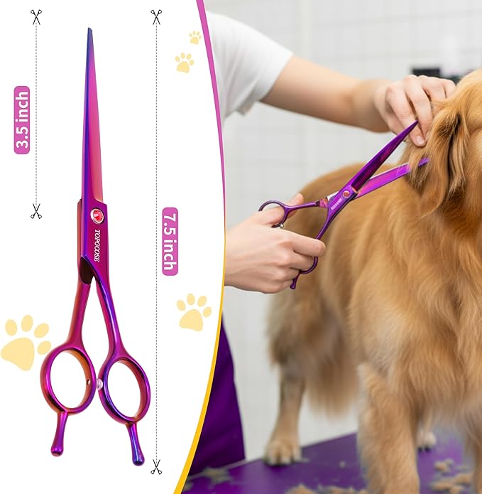 TOPGOOSE 7.5'' Dog Straight Scissors for Grooming 440C Stainless Steel Professional Pet Trimming Scissors Sharp Blades Cutting for Dogs and Cats Shears (Straight, Purple)
