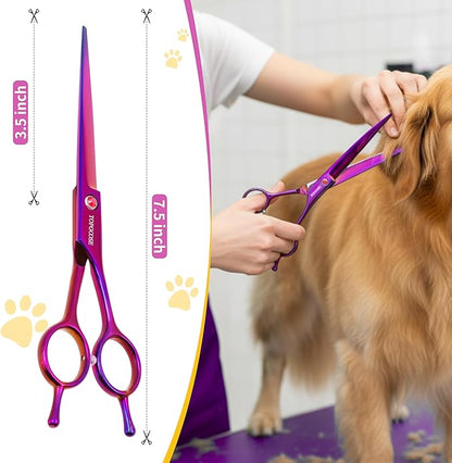 TOPGOOSE 7.5'' Dog Straight Scissors for Grooming 440C Stainless Steel Professional Pet Trimming Scissors Sharp Blades Cutting for Dogs and Cats Shears (Straight, Purple)