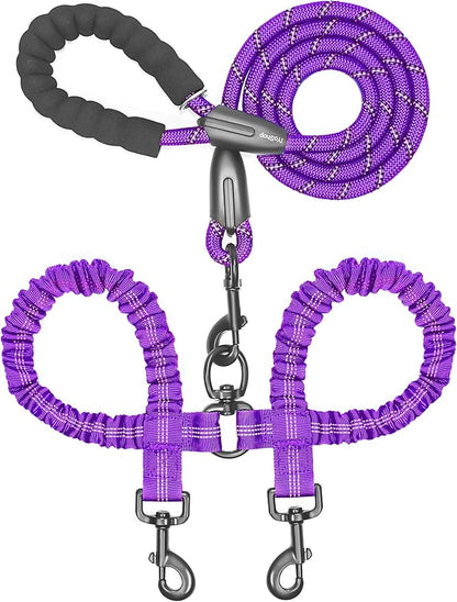iYoShop Dual Dog Leash - 360° Swivel, No Tangle Walking Leash with Shock Absorbing Bungee for Two Dogs (Large, 25-150 lbs, Purple)