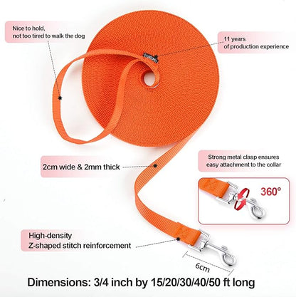Siumouhoi Dog/Puppy Obedience Recall Training Agility Lead - 15ft 20ft 30ft 40ft 50ft Training Leash - Great for Play, Camping, or Backyard - Orange 50ft