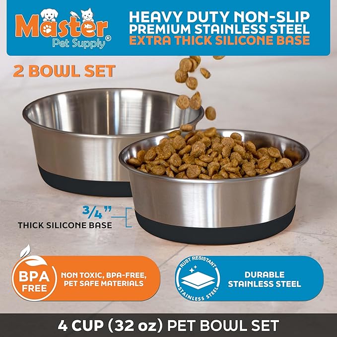 Master Pet Supply Stainless Steel Dog Bowls Set of 2 with Extra Thick Silicone Base - 4 Cup (32 oz) Black Velvet, Non-Slip, Dishwasher Safe Metal Bowls, Pet Dog Food Bowl for Dogs, Cats, Anti Rust