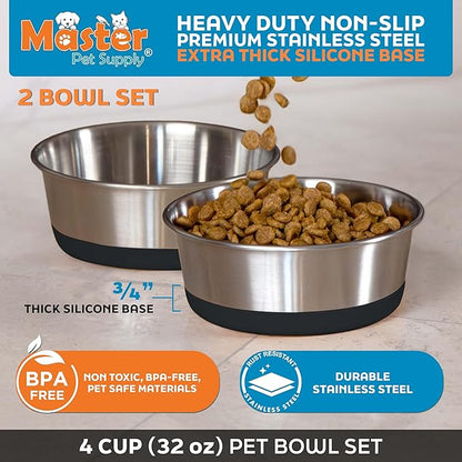 Master Pet Supply Stainless Steel Dog Bowls Set of 2 with Extra Thick Silicone Base - 4 Cup (32 oz) Black Velvet, Non-Slip, Dishwasher Safe Metal Bowls, Pet Dog Food Bowl for Dogs, Cats, Anti Rust
