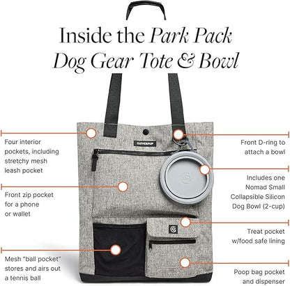 Cleverpup Park Pack 2-Piece Set Dog Gear Tote – Dog Travel Bag with 8 Pockets, Treat Pouch, Poop Bag Dispenser, Quick-Dry Ball Pocket, Collapsible Bowl, Perfect for Walks & Park Trips, Heather Grey