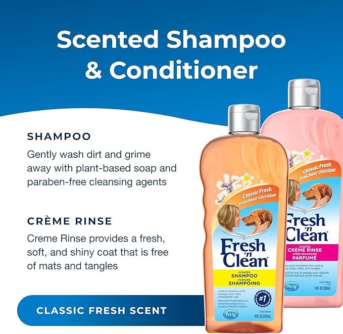 PetAg Fresh ’n Clean Scented Shampoo, Classic Fresh Scent (18 oz) + Fresh ’n Clean Scented Creme Rinse Conditioner, Classic Fresh Scent (18 oz)