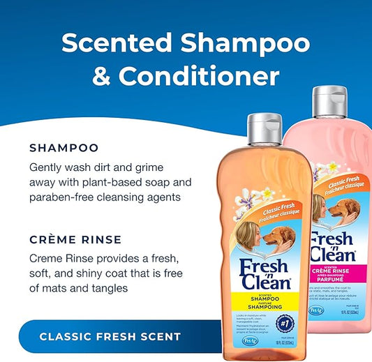PetAg Fresh ’n Clean Scented Shampoo, Classic Fresh Scent (18 oz) + Fresh ’n Clean Scented Creme Rinse Conditioner, Classic Fresh Scent (18 oz)