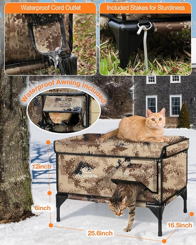 Indestructible Heated Cat House for Outside Winter, 100% Waterproof, Safe Escape Door, Insulated Outdoor Cat Shelter with Heater for Feral Barn Cat Kitty (Desert Camouflage, 26"x16"x18")
