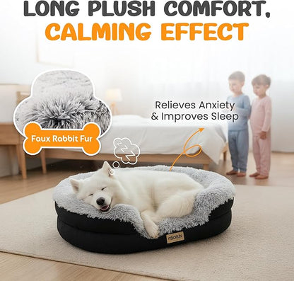 Miorun Fluffy Orthopedic Dog Bed for Large & Extra Large Dogs, Calming Plush Sofa Bed with Curved Bolster Support and Egg-Crate Foam Base, 43" Cozy Oval Pet Donut Bed with Washable Cover, Gray