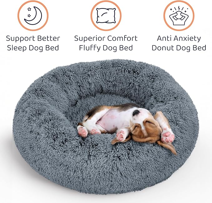 Donut Dog Bed - Premium Comfort for Anxiety Relief - Fluffy & Calming Design with Ultra-Plush Support | Cozy Round Dog Bed with Super Soft Circle Style (Dark Grey, Small)