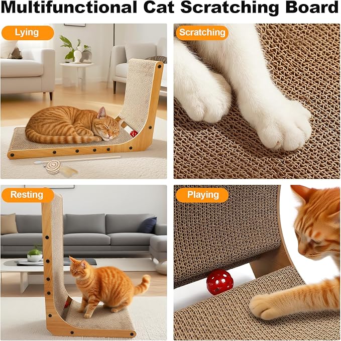 Goosheep L-Shaped Cat Scratcher 2-in1 Scratching Board for Indoor Cats Protecting Furniture Cardboard Box Scratch Pad with Ball Toy Cats Scratching Posts with Cat Teaser