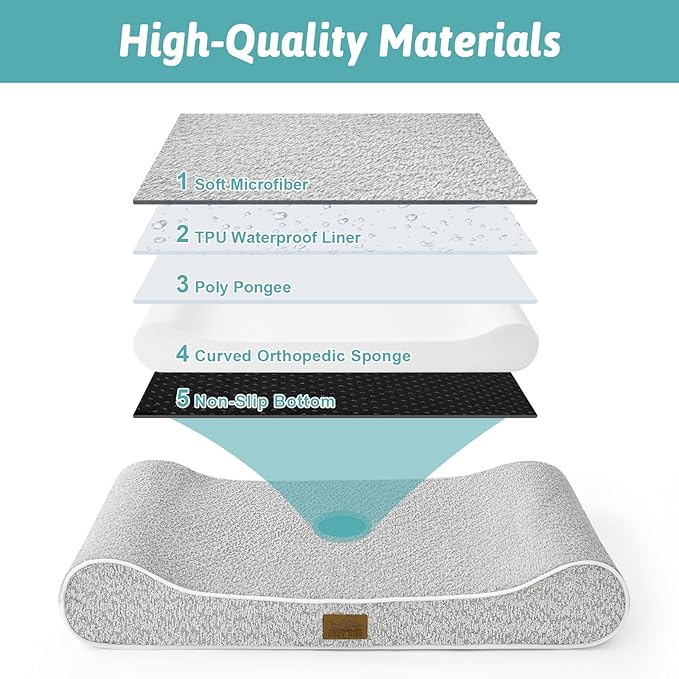 Orthopedic Dog Bed for Large Dogs up to 90 lbs - Removable Cover with Waterproof Lining & Non-Skid Bottom, Cotton-Polyester Blend Boat-Shaped Lounger Mattress, L(45x30x6in), Light Gray