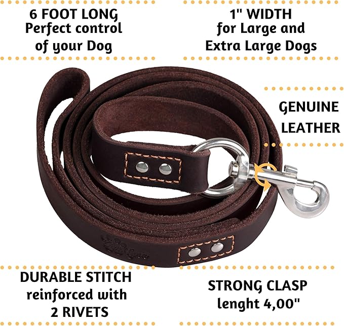 ADITYNA Heavy Duty Leather Dog Leash 6 ft x 1" - Strong, Soft Training Lead for Large & Extra Large Breeds (XL - 6 ft x 1 inch, Brown)