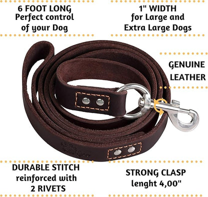 ADITYNA Heavy Duty Leather Dog Leash 6 ft x 1" - Strong, Soft Training Lead for Large & Extra Large Breeds (XL - 6 ft x 1 inch, Brown)