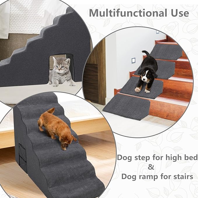MALOROY Dog Stairs for High Beds 30-36 inches Tall, 7-Step Pet Stairs/Steps for Small Large Dogs, 30D Foam Pet Steps/Ramp/Ladder for High Bedsides, with 4pcs Dog Ramp for Stairs, Dark Grey