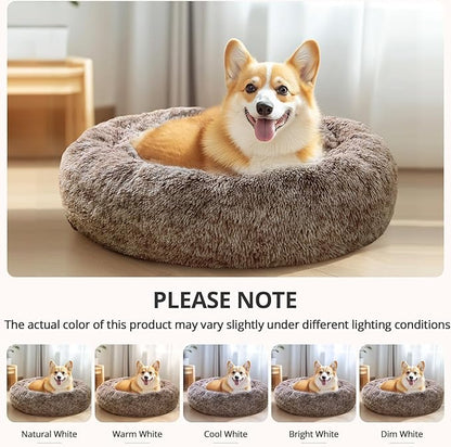 JOLLYVOGUE Calming Small Dog & Cat Bed for Indoor Cats - 20 inches Washable Donut Bed for Kittens & Puppies, Anti-Anxiety Round Fluffy Plush Pet Beds (Fits up to 15 lbs, Smoke Brown)