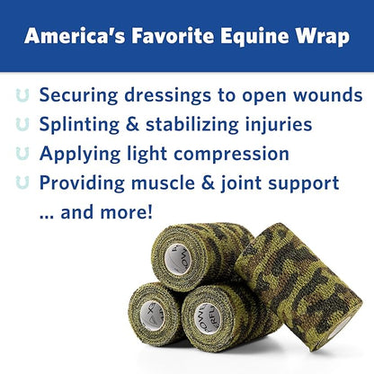 PowerFlex Equine – Extra Strong Self-Adhering Bandage Wrap – Wound Care, Compression & Support Bandage for Horses, Cows & Dogs – Woodland Camo, 4 inch, 4 Rolls (Resealable Case)