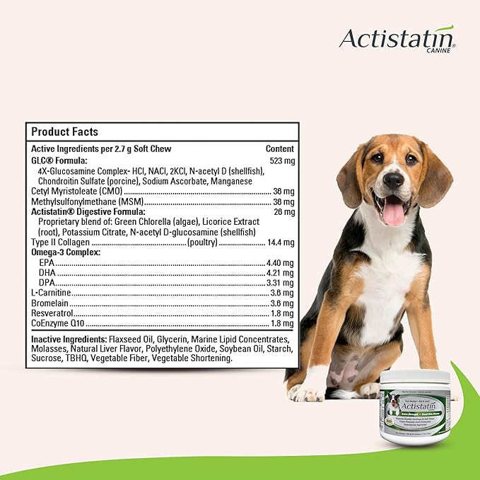 Actistatin Canine Small Dog Soft Chews, 120ct – Patented Extra-Strength Joint, Cartilage, Soft Tissue Supplement: Glucosamine, Chondroitin, Manganese, MSM, L-Carnitine – High Absorption, Fast Results