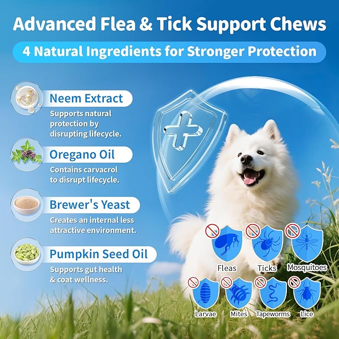 POPPAW Dog Flea and Tick Treatment Chewable, 5-in-1 Natural Flea and Tick Prevention Chews, Dog Oral Flea and Tick Support Supplement, for All Breeds and Ages, Chicken Flavor, 135 Count
