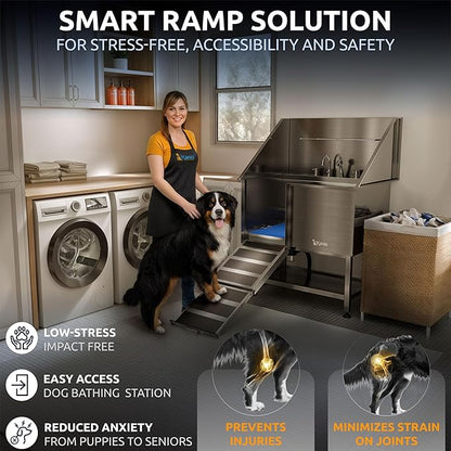 KANIS Professional Dog Washing Station - 304 Stainless Steel Pet Wash Sink & Grooming Bathtub w/Shower, Floor Grates and Storage for Large, Medium & Small Pets (40", Shelf - Left Ramp)