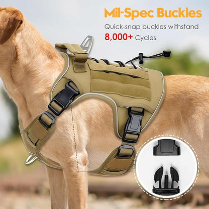 Heavy-Duty Tactical Dog Harness for Large Dogs, No Pull Adjustable Reflective Pet Vest with Molle System, K9 Military-Grade Control for Service Training, Outdoor & 10+ Breeds, Khaki, XX-Large