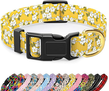Reflective Dog Collar for Medium Dogs, Cute Flower Theme Adjustable Heavy-Duty Nylon Puppy Collar for Boy and Girl Female, Soft Pet Accessories with Quick Release Buckle, Yellow