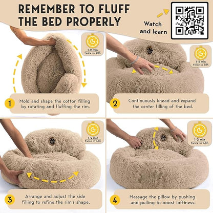 PetJett Calming Large Dog Bed - 36'' Donut Dog Beds, Anti-Slip & Washable Large Round Bed, Fluffy Faux Fur Pet Bed, Super Soft Anti-Anxiety Premium Comfort Bed, Fits Dogs up to 80 lbs - Beige
