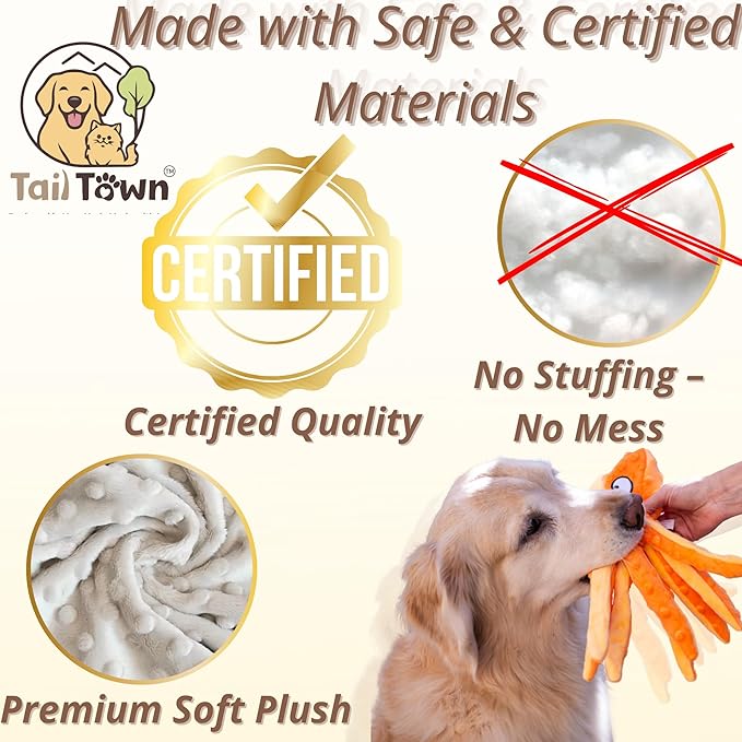 Orange Octopus Dog Toy – Squeaky & Crinkle Plush – No Stuffing Toy for Small Medium Large Dogs Puppies & Seniors – Interactive Safe Soft Toy for Tug Fetch Play – Tail Town