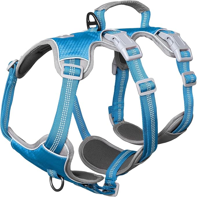 Huntboo Escape Proof Dog Harness, Escape Artist Harness, Reflective Harness with Padded Handle, Breathable, Durable, Adjustable Vest for Medium Dogs Walking, Training, and Running Gear (Blue, XL)