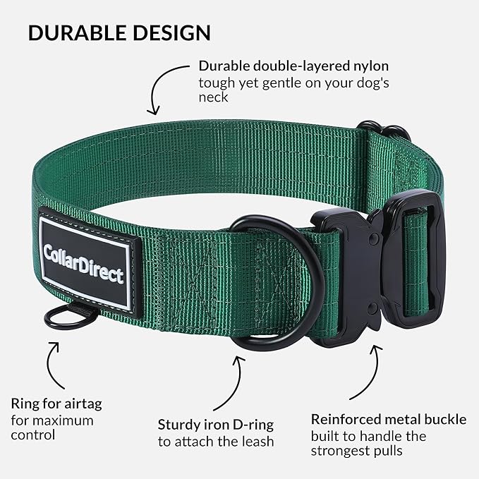 Heavy Duty Dog Collar for Large or Medium Dogs, Adjustable Strong Dog Collar for Active Dogs, Double-Layered Nylon (Green, 15-23)