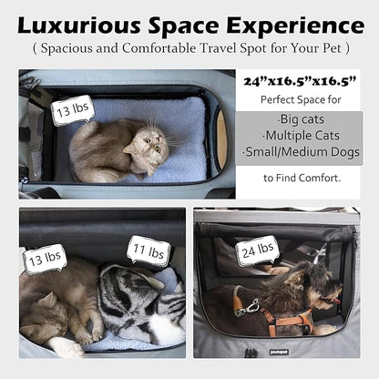 Prutapet Large Cat Carrier 24"x16.5"x16.5" Soft-Sided Portable Pet Crate for Car Traveling with Collapsible Litter Box and Bowl