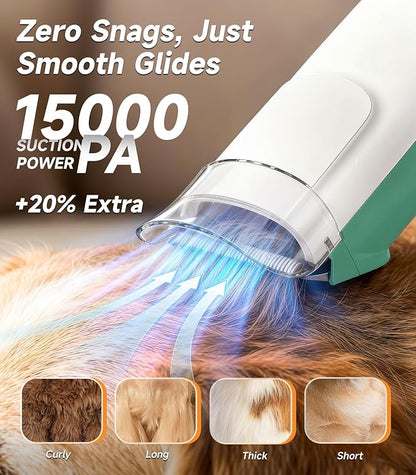 Dog Grooming Kit with Vacuum, 15000Pa Pet Hair Clipper and Shedding Brush, 50dB Low Noise, 2L Capacity, White