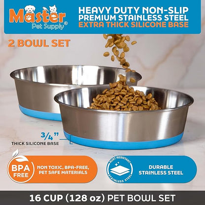 Master Pet Supply Stainless Steel Dog Bowls Set of 2 with Extra Thick Silicone Base - 16 Cup (128 oz) True Blue, Non-Slip, Dishwasher Safe Metal Bowls, Pet Dog Food Bowl for Dogs, Cats, Anti Rust