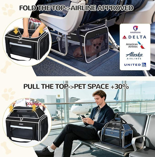 Lekereise Top-Expandable Pet Carrier 17x11x9.5 Inch Alaska Hawaiian Airline Approved Soft Sided Underseat to 12lbs Travel Carriers for Small Cats and Dogs with Locking Safety Zippers Anti-Scratch Mesh