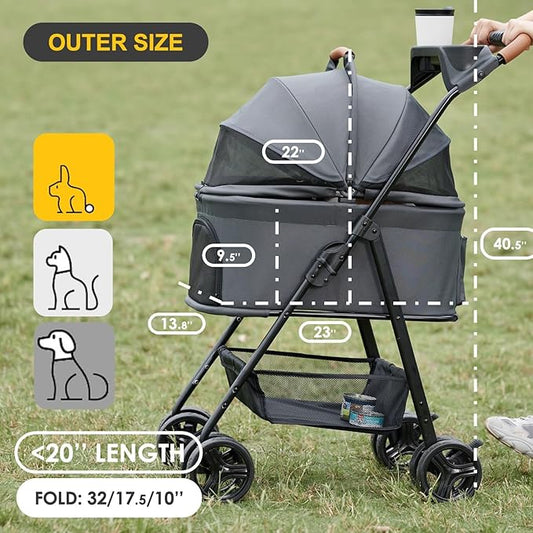 Zoosky 3 in 1 Pet Stroller with Removable Carrier, Folding Stroller for Small/Medium Dogs and Cats, Waterproof, All-Terrain, with Sun Shades, Car Seat