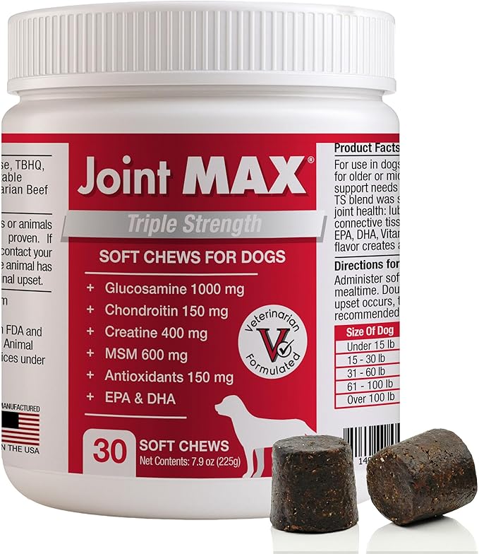 PHS Joint MAX Triple Strength (TS) Soft Chews for Dogs - Glucosamine, Chondroitin, MSM, Turmeric, Omega 3 - Hip and Joint Pain Relief and Support for Dogs - Made in USA - 30 Soft Chews
