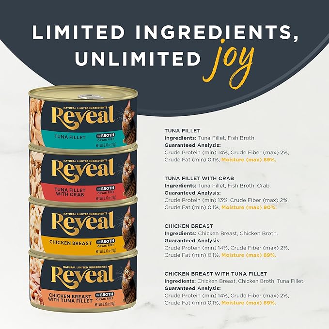 Reveal Natural Wet Canned Cat Food, 4-Flavor Variety Pack, Limited Ingredient, Grain Free, High Protein with No Artificial Additives, Fish and Chicken Variety in Broth (20 x 2.47 oz Cans)