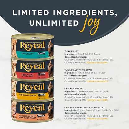 Reveal Natural Wet Canned Cat Food, 4-Flavor Variety Pack, Limited Ingredient, Grain Free, High Protein with No Artificial Additives, Fish and Chicken Variety in Broth (20 x 2.47 oz Cans)
