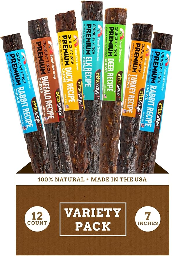 etta says! Premium Crunchy Dog Chews 7” Variety Pack - Grain-Free Dog Treats, Good for Teeth, Easy to Digest - Made in The USA (12 Count Pack of 1)