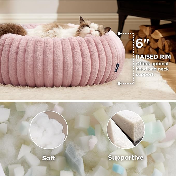 Bedsure ComfyFleece Cat beds for Indoor Cats - Donut Dog Beds for Small Dogs with Corduroy Fleece & Anti Slip Bottom, Faux Fur Pet Beds with Washable Removable Cover, Blush Pink, 20x20x6 inches