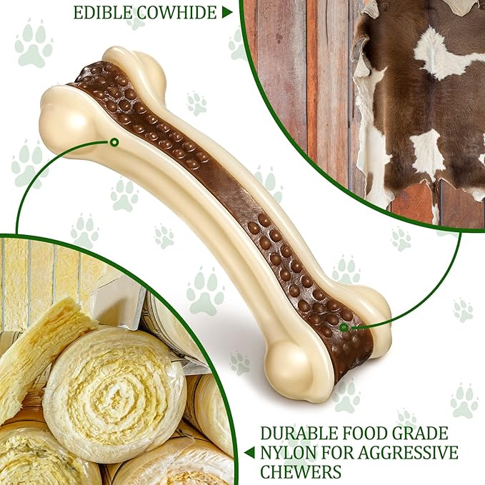 Sosation Bones Shaped Dog Toys for Aggressive Chewers, 2 Pack Christmas Dog Chew Toys Puppy Teething Nylon Beef Flavor for Large/Medium/Small Puppies Breeds(Curved Bone,Large)